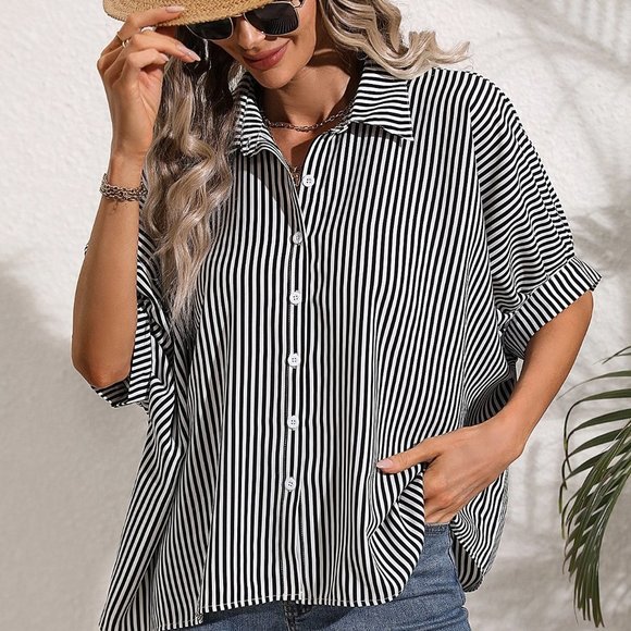 Black & White Casual Womens Striped Print Batwing Sleeve Shirt - Picture 4 of 5